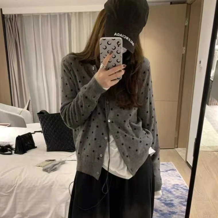 GL 秋款波点罩衫针织简约撞色弹力T长袖新款外套上衣百搭韩系显瘦