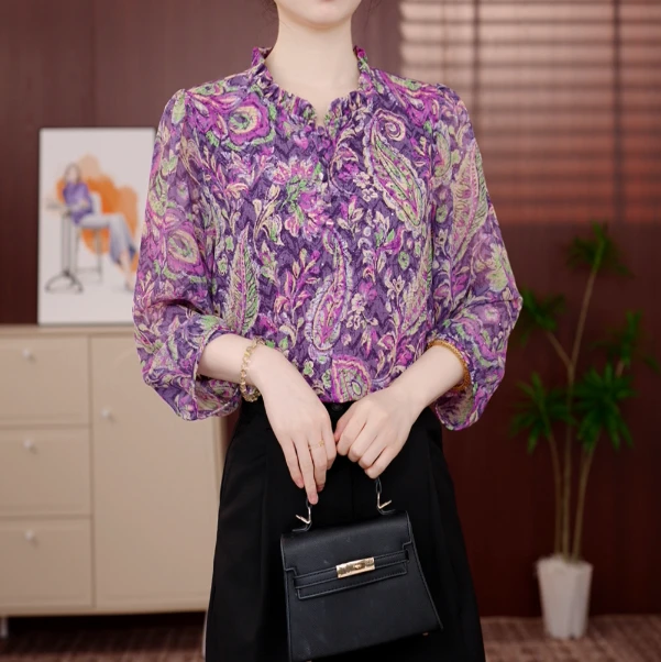 2025新款紫罗兰轻薄透气七分袖衬衫女气质休闲百搭女士减龄上衣