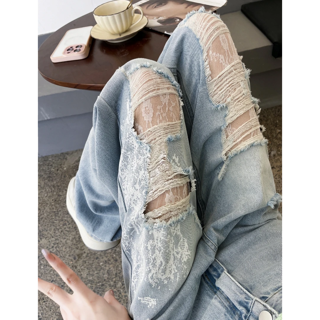 蕾丝印花破洞牛仔裤女夏季薄款新款高腰显瘦宽松百搭阔腿裤子薄款