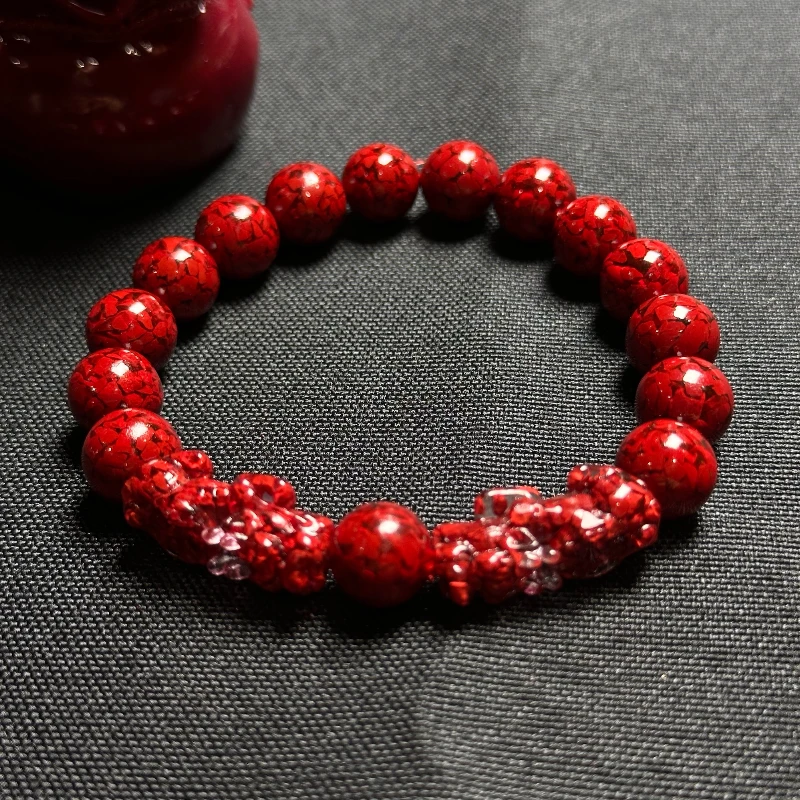 含辰砂工艺品卡14M晶体双貔貅手串G3-02209