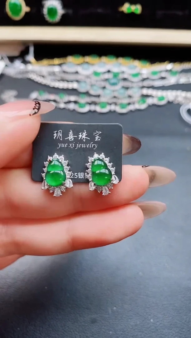 翡翠银S925镶嵌耳饰508050