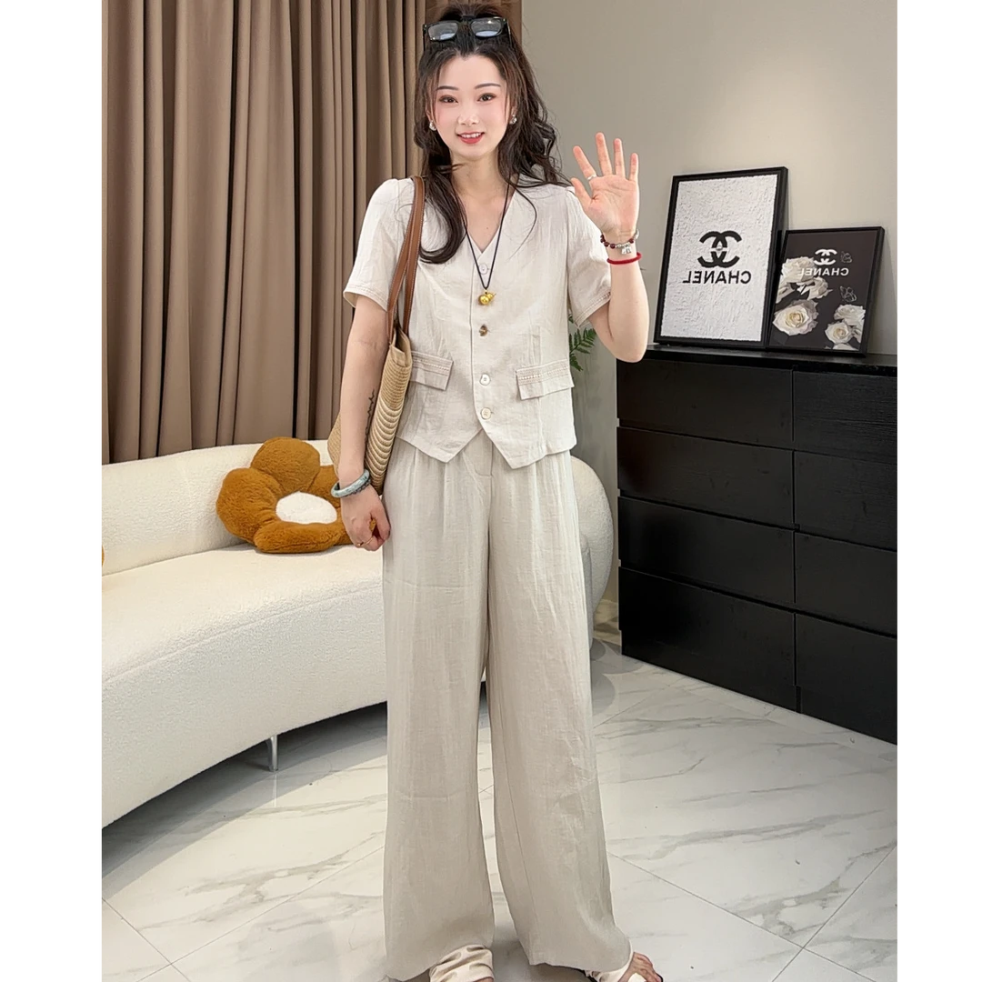 9898法式气质高级感穿搭套装女夏季新款老钱风上衣阔腿裤两件套