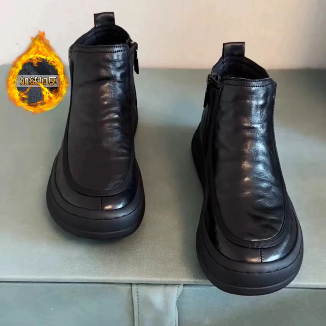 2025年新款加绒冬季休闲板鞋新款高帮男士黑色透气韩版休闲皮鞋男