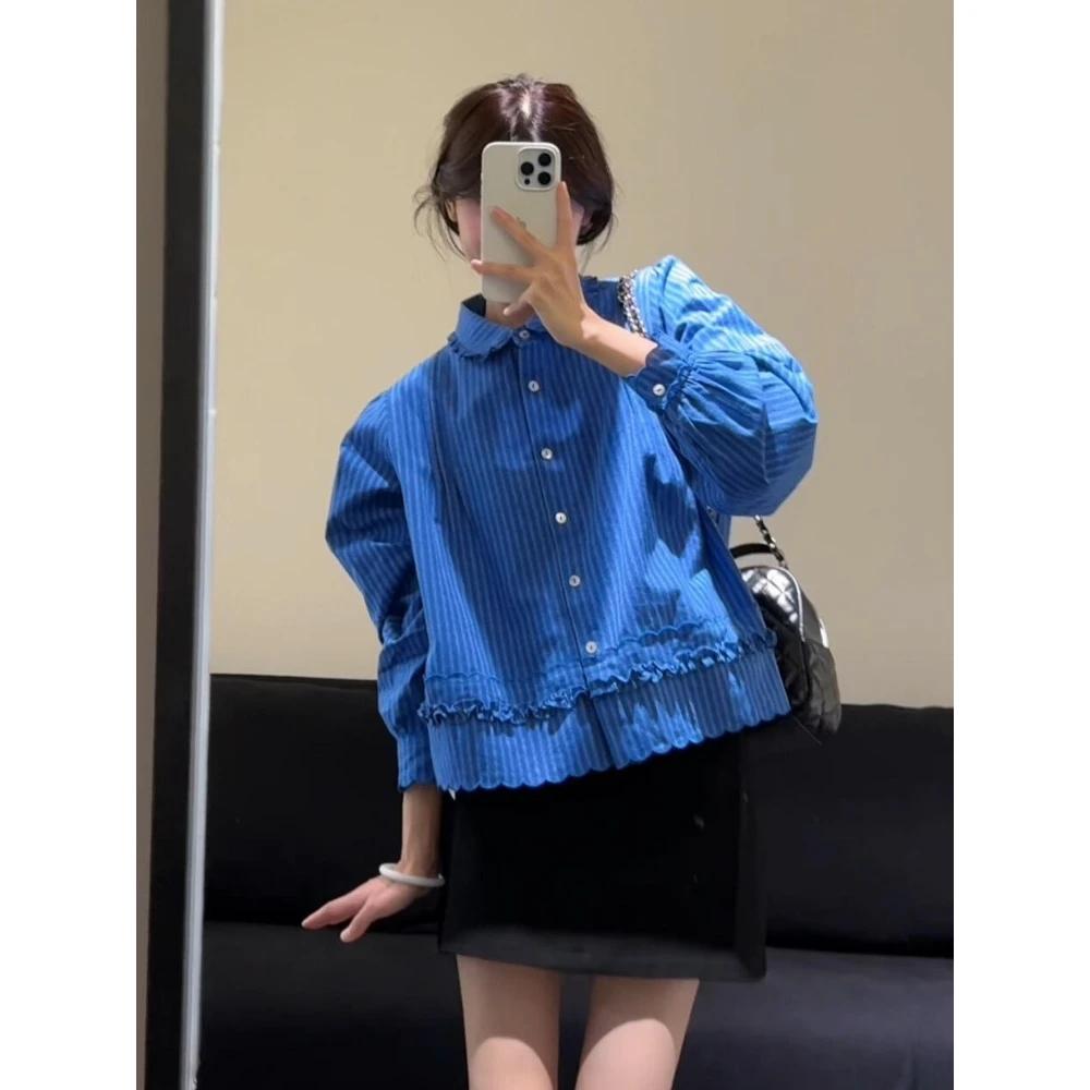 韩版宽松新款时尚上衣设计感蓝色木耳边翻领衬衫黑色半身裙套装女