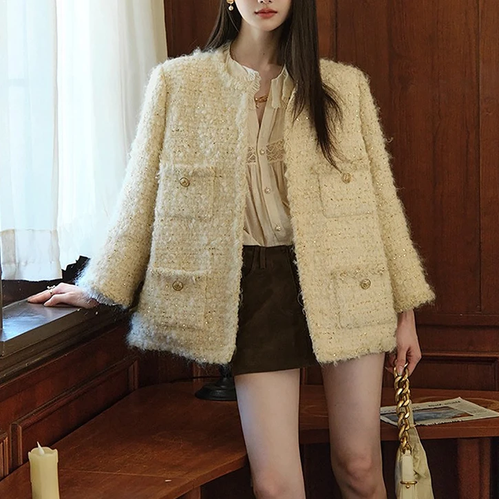 秋季新款老钱手工坊粗花呢小香风外套女高级感精致轻奢白色上衣