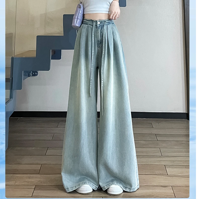 PERIKAS夏季冰感浅蓝莱赛尔高腰宽松显瘦欧若风运动阔腿牛仔裤