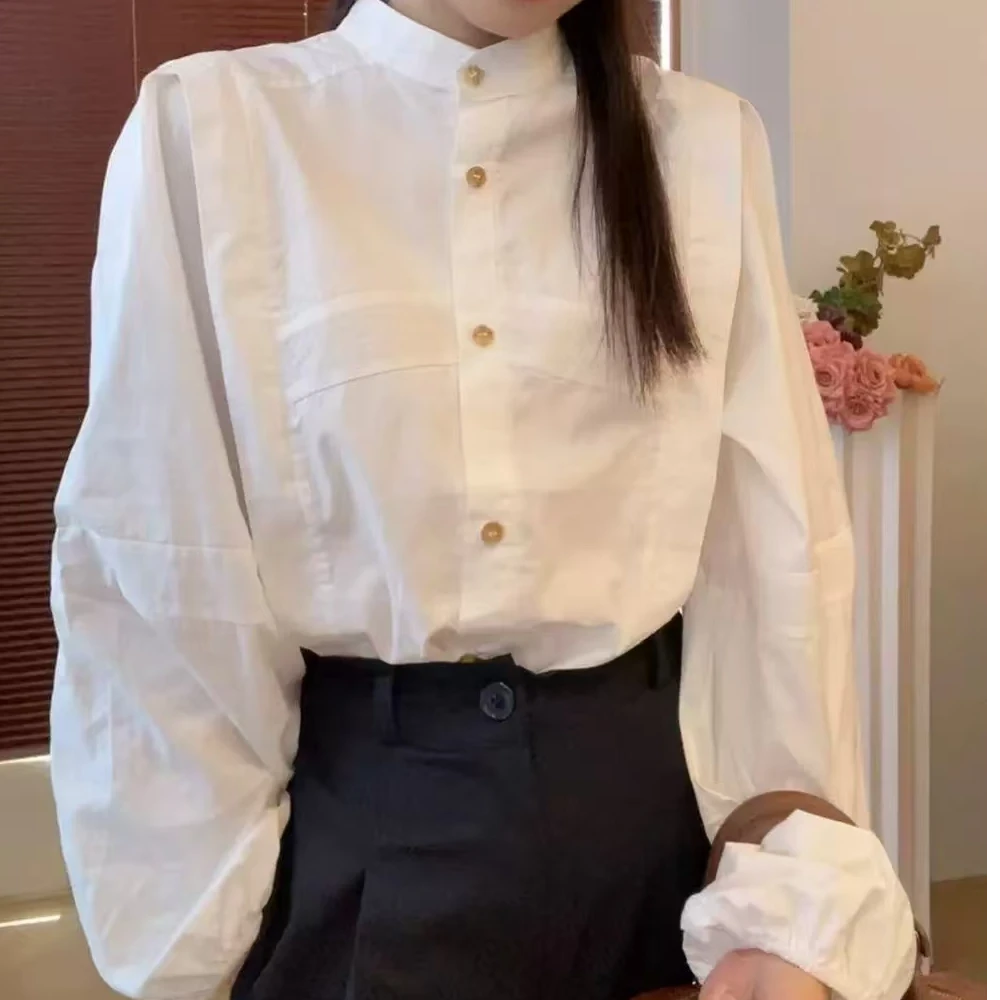 欧货高端立领长袖单排扣早春白衬衫气质女高级感简约大方休闲上衣