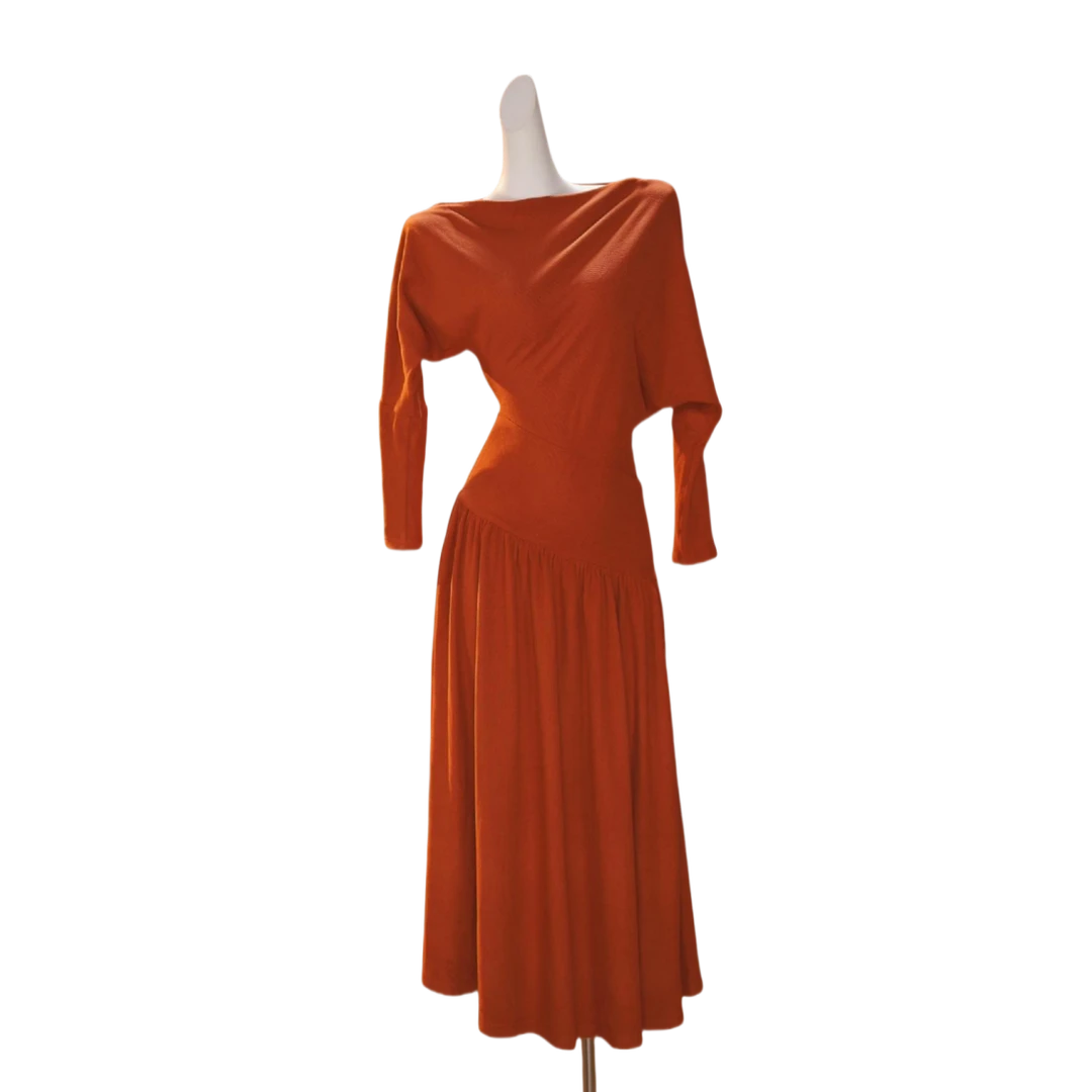 【袁小姐】沪上霓橙  新款优雅高级感一字肩长袖连衣裙-HZ1041