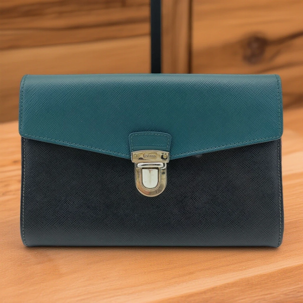 95新 Prada/普拉达 蓝拼黑手拿包 1682 7491