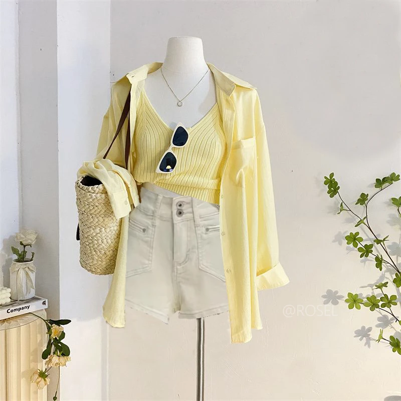 夏季穿搭一整套女2025新款防晒遮肉衬衫百搭背心显瘦牛仔裤三件套