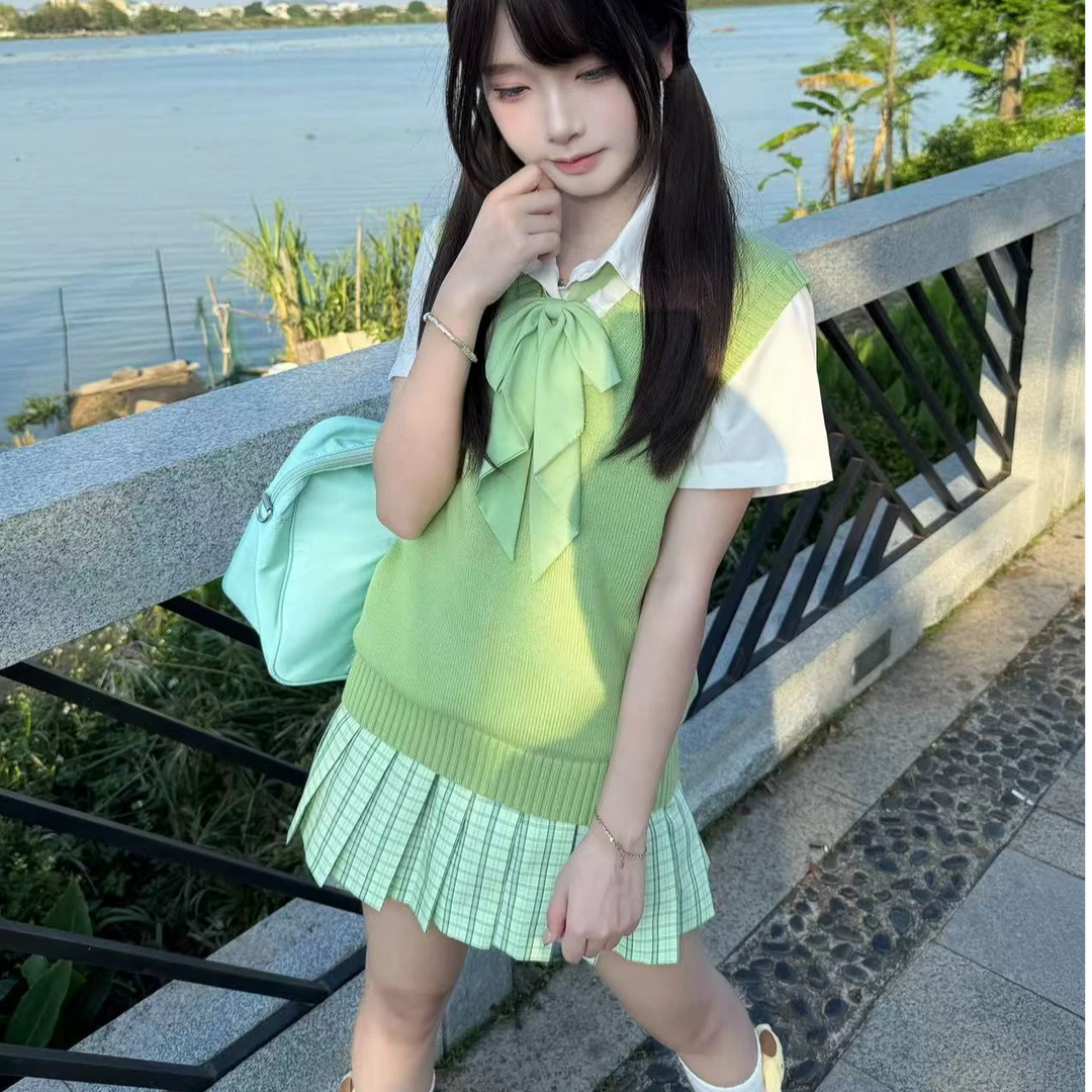 【青芽】妙氏原创新款浅绿春裙子JK裙格裙半身裙多巴胺学院风百褶裙