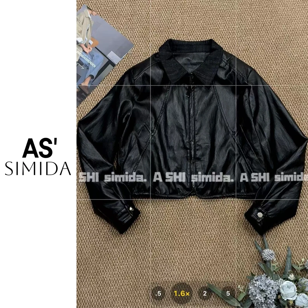 SIMIDA诗觅  韩系牛仔翻领拼接皮衣外套