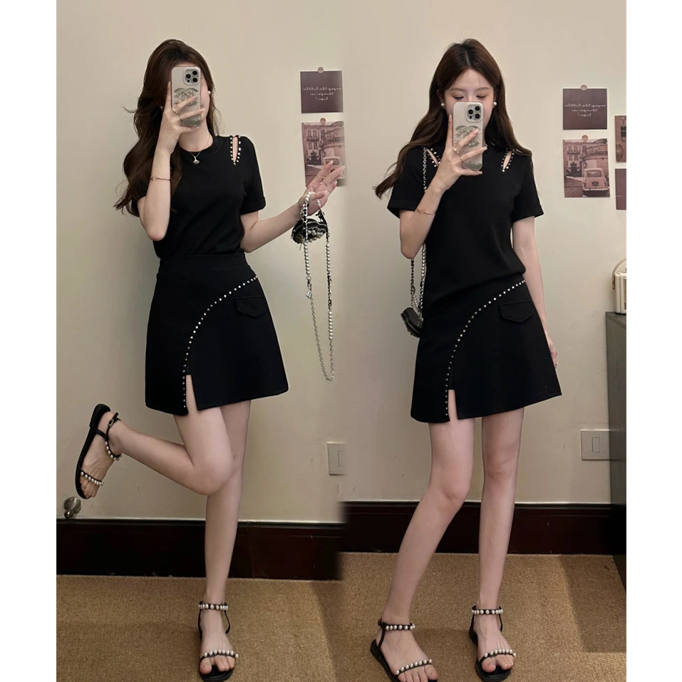 艾薇 大码新款高级感时尚套装女夏季设计感短袖上衣+半身裙两件套