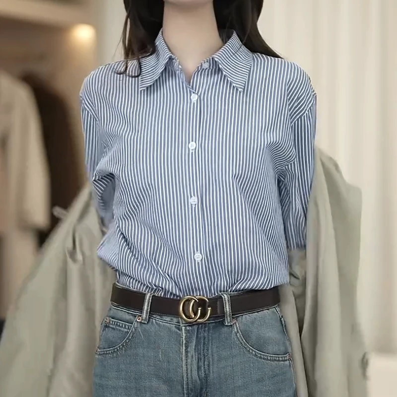 2025新款设计感蓝色条纹衬衫春款时尚女长袖休闲衬衣LK2501327