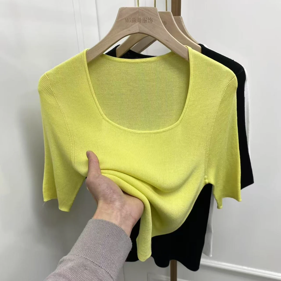 [无缝款桑蚕丝+兰精天丝]精纺新款夏装针织衫方领薄款中袖上衣女