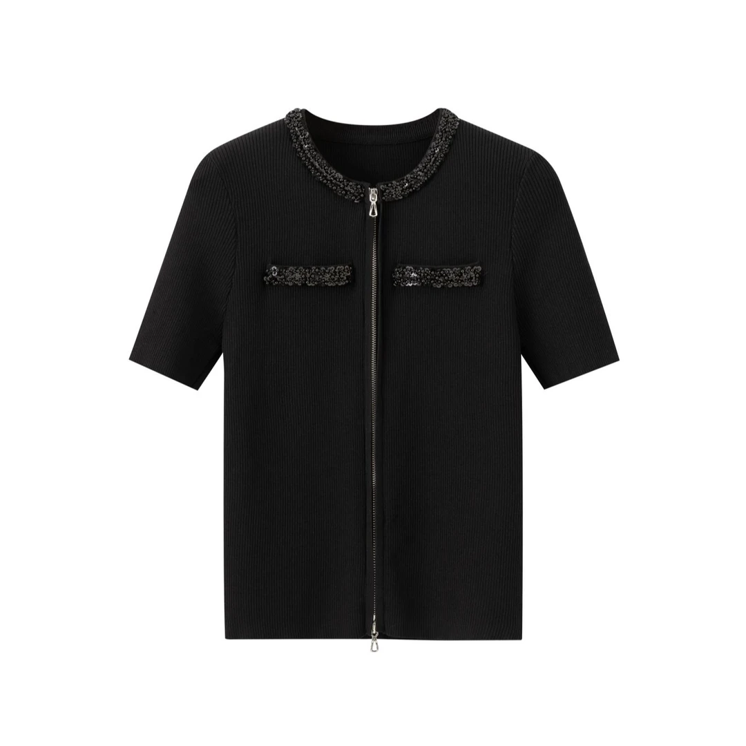 女轻奢重工串珠圆领针织衫春夏轻薄针织T恤针织衫女装开衫D885