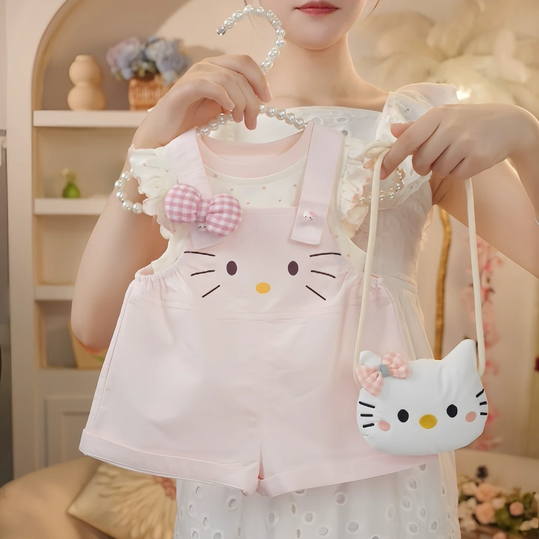 【现货】2025年夏季新款女童可爱甜美粉色猫咪背带裤飞袖套装070