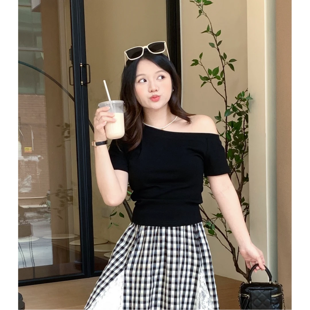 运费补贴小个子夏季韩版时尚ins潮斜肩短袖修身显瘦短款T恤女上衣