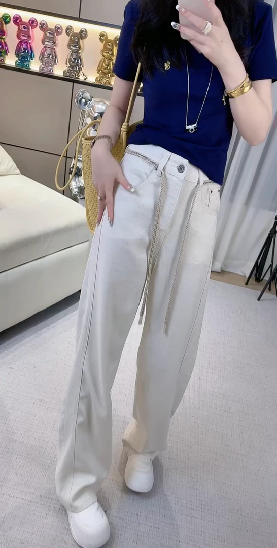 夏季高腰休闲牛仔裤女夏季洋气百搭显瘦痞帅弯刀阔腿牛仔裤