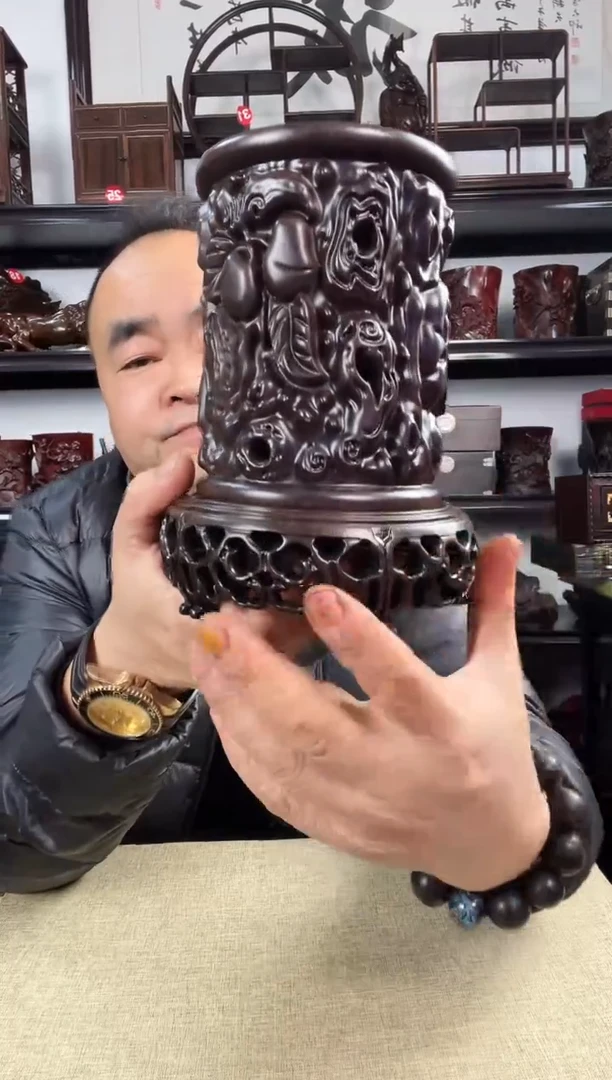 木老李红木工艺品寿桃笔筒+新3