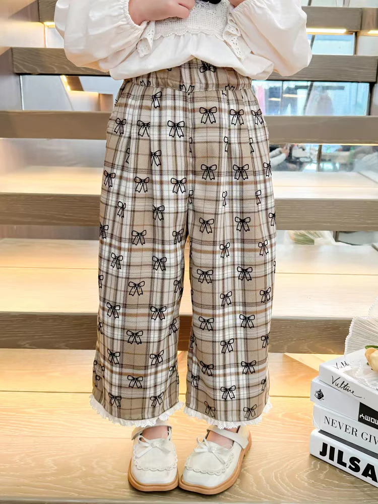 女童裤子春秋2025新款儿童春季洋气休闲女宝宝春装格子宽松阔4305
