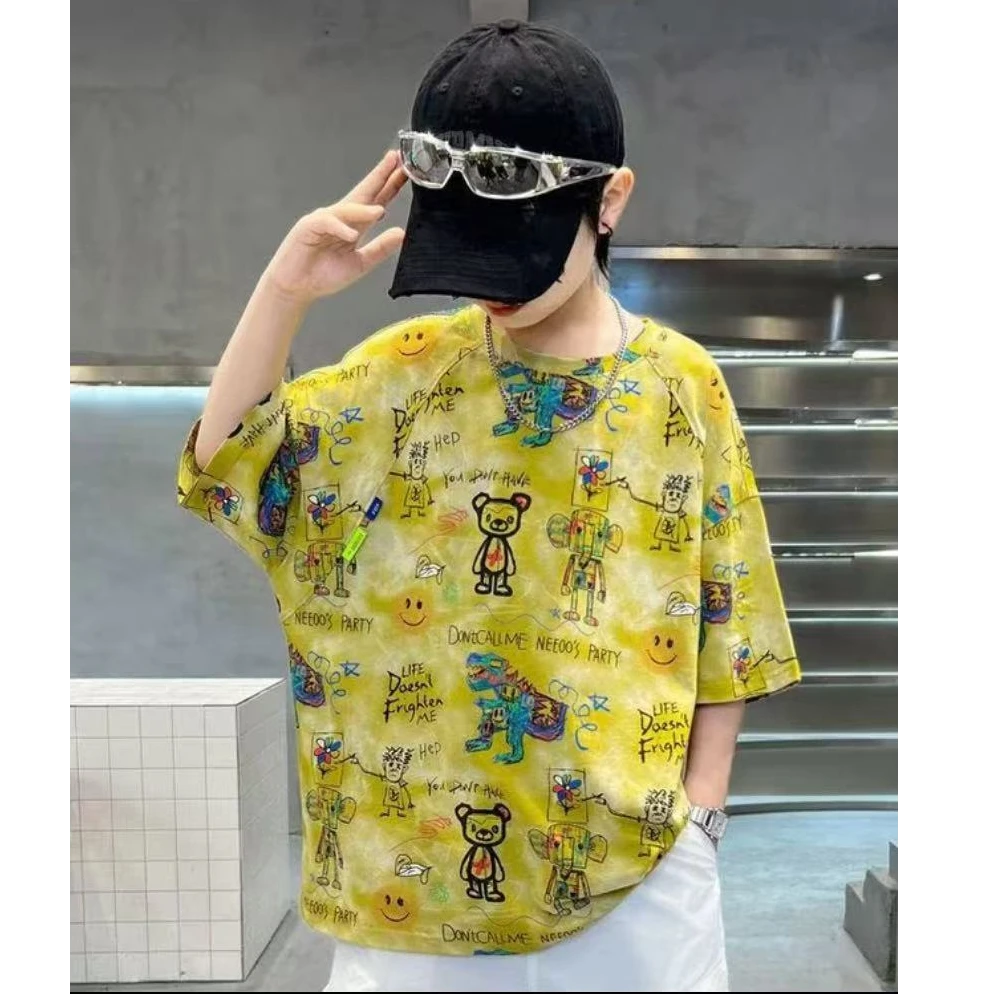 潮酷穿搭~男童新款ins风穿搭满印小熊圆领短袖8261
