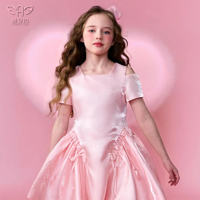爱安玖粉色短袖女童夏装连衣裙2025新款儿童夏季公主裙AAJ1302