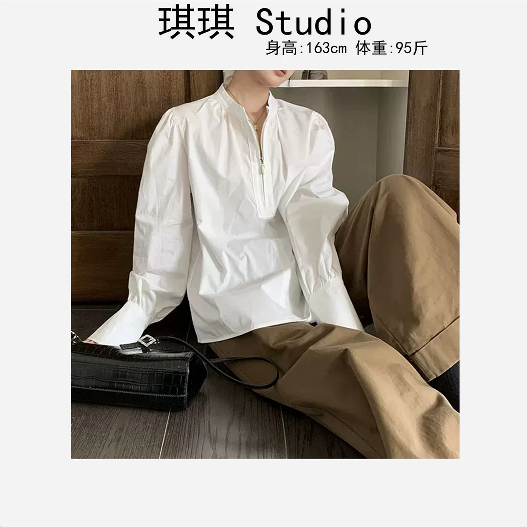 春季新款纯色基础简约半拉链鱼骨显瘦线减龄百搭休闲白衬衫9202-G