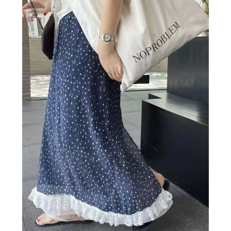 蕾丝拼接后开叉半身裙波点韩风时尚中长裙子宽松显瘦裙子温柔