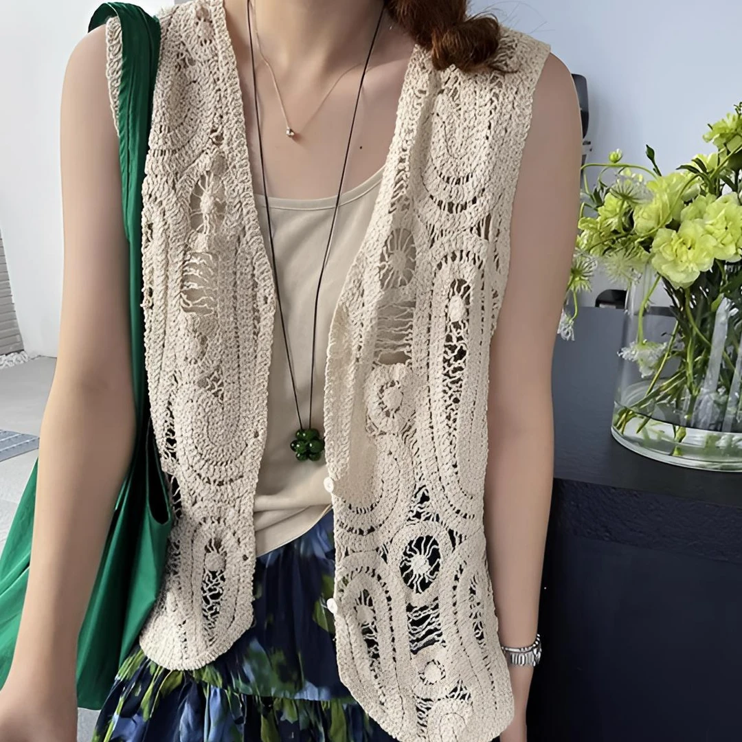 2025春夏新款镂空时尚勾花针织小众无袖坎肩开衫民族风马甲上衣
