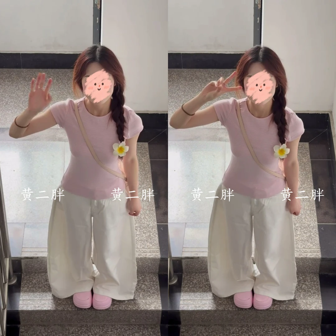 简约粉色条纹圆领短袖T恤女2025年夏季新款韩系修身显瘦百搭上衣