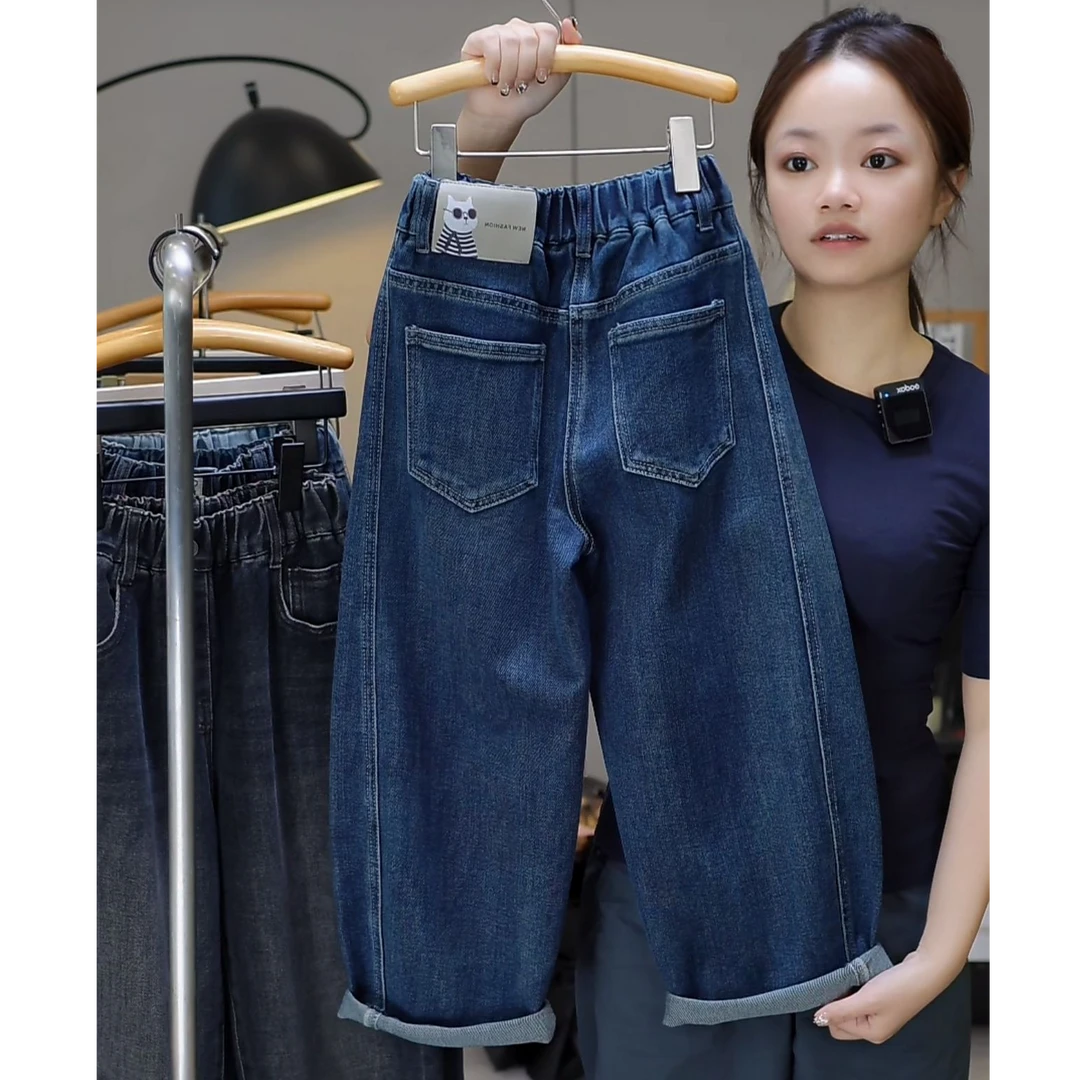 小猫秋款软牛仔直筒裤男女款韩版简约款中大童牛仔裤