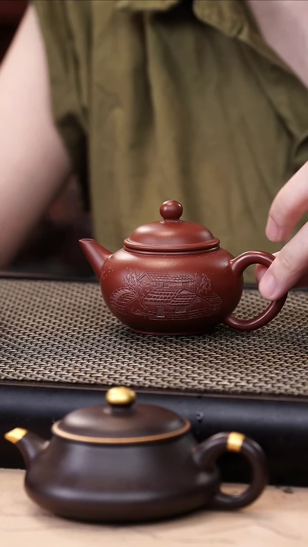 茶壶紫砂朱泥超精工刻绘水平120cc