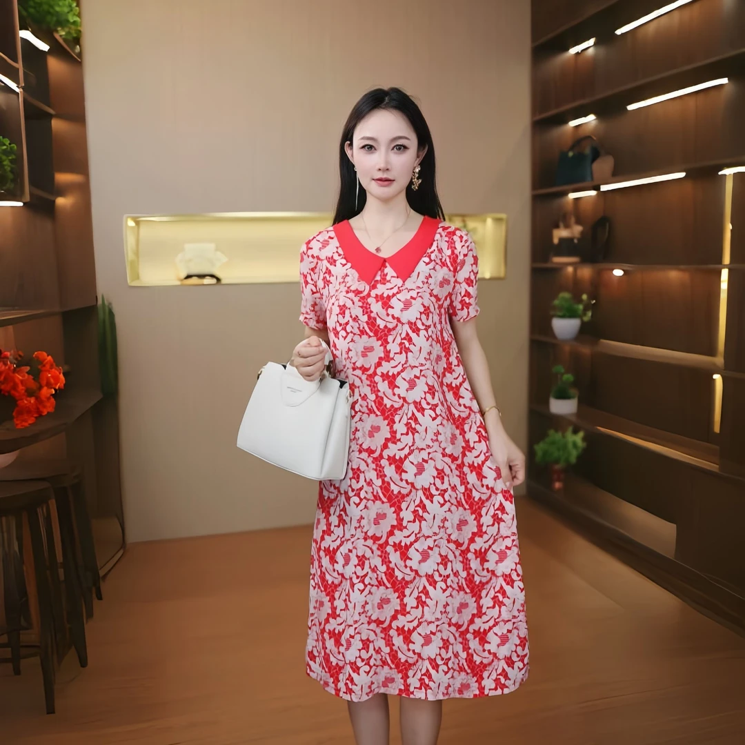 10305-夏季气质新款妈妈高档短袖连衣裙女洋气时尚显瘦裙子【G仓】