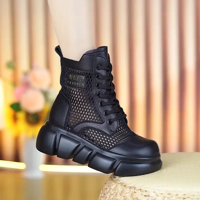 薄款厚底网纱马丁靴女夏季2025新款时尚镂空透气增高百搭网面凉靴