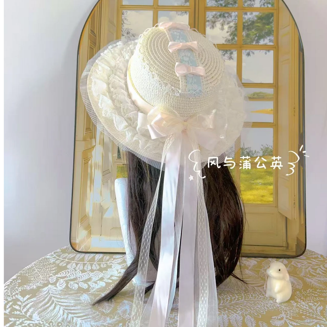 原创洛丽海盐奶盖重工蝴蝶结蕾丝蓝粉色遮阳透气帽帽