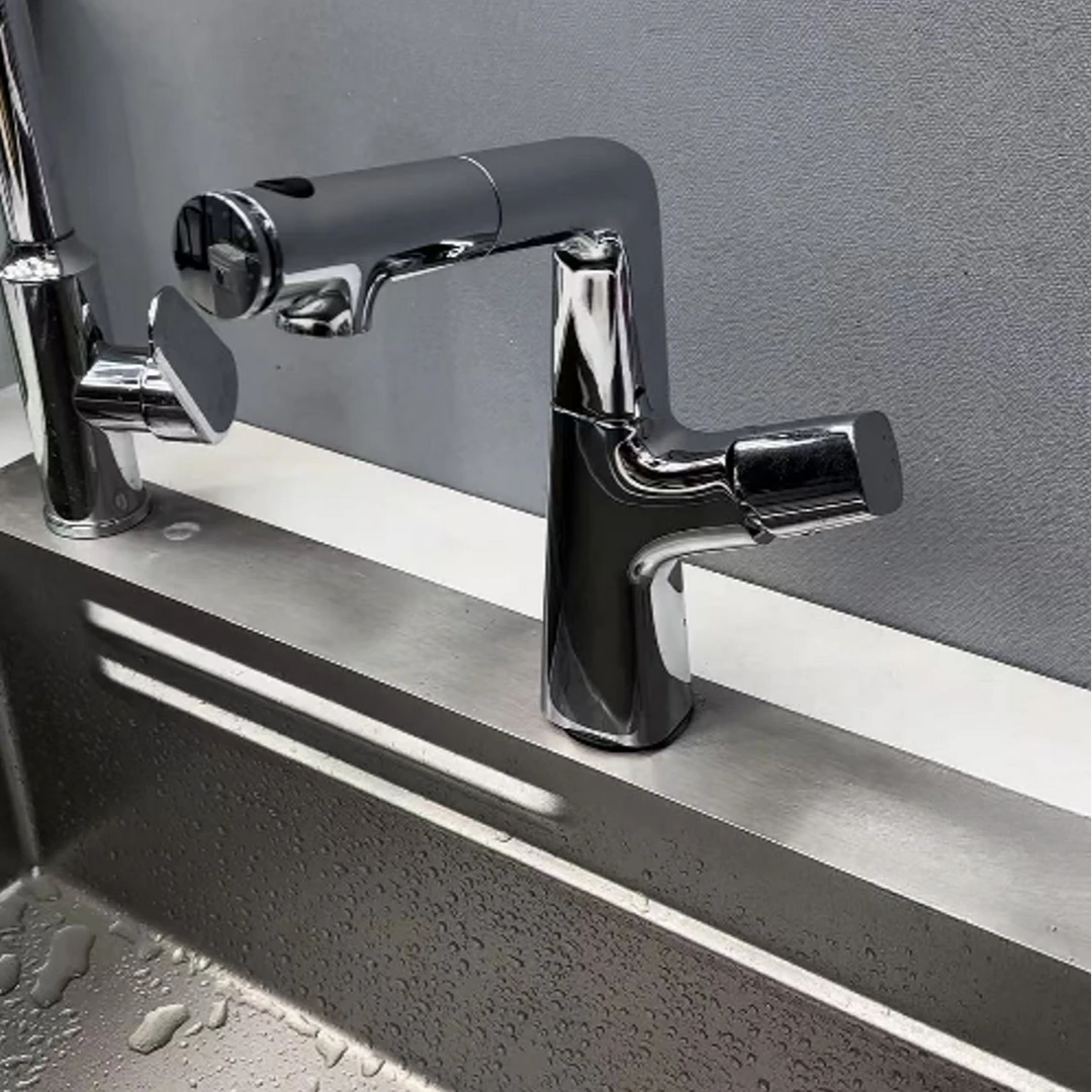 7字抽拉式3出水冷热水面盆水龙头家用卫生间浴室柜适用