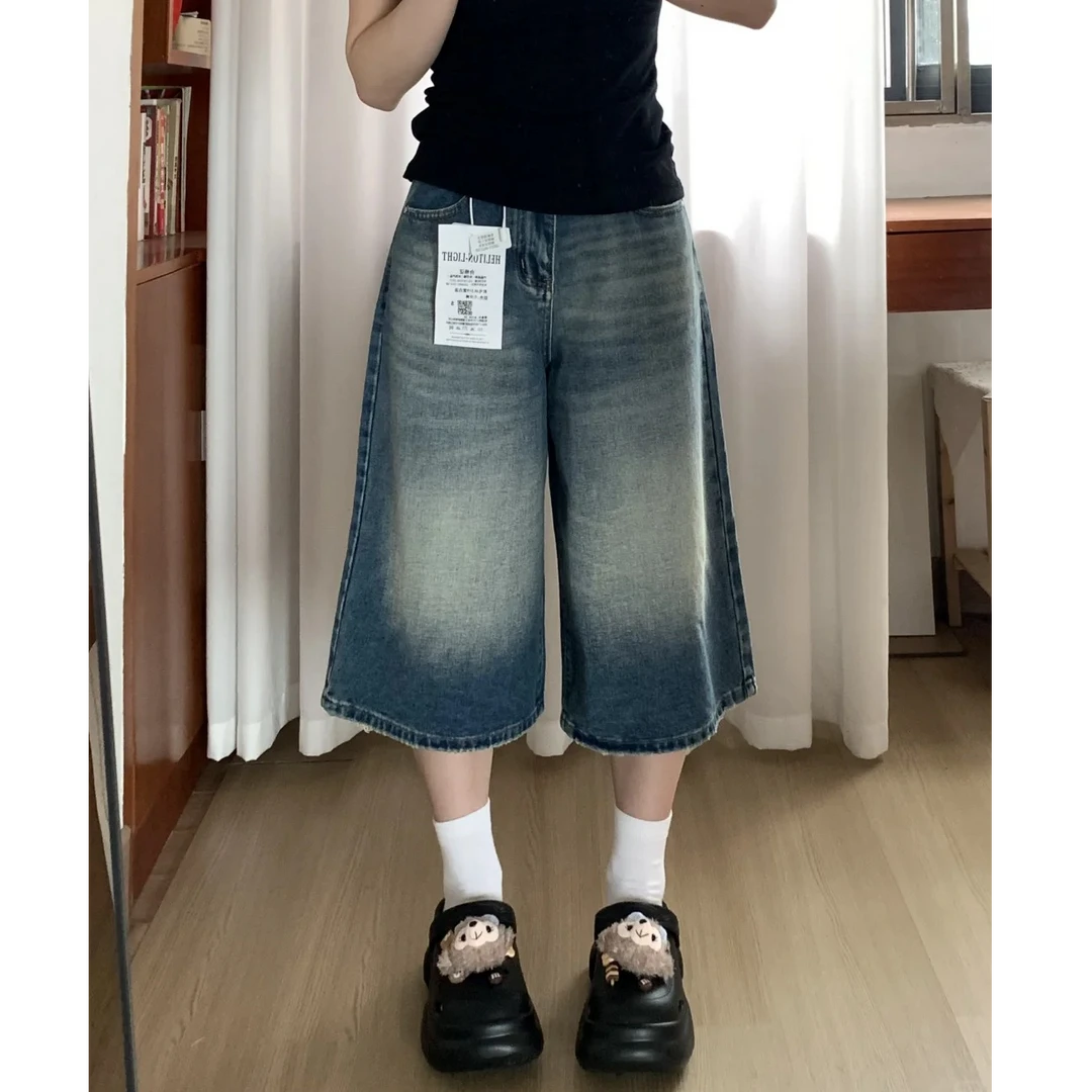 复古蓝色多口袋高腰七分裤女2025新款舒适休闲阔腿百搭慵懒感中裤