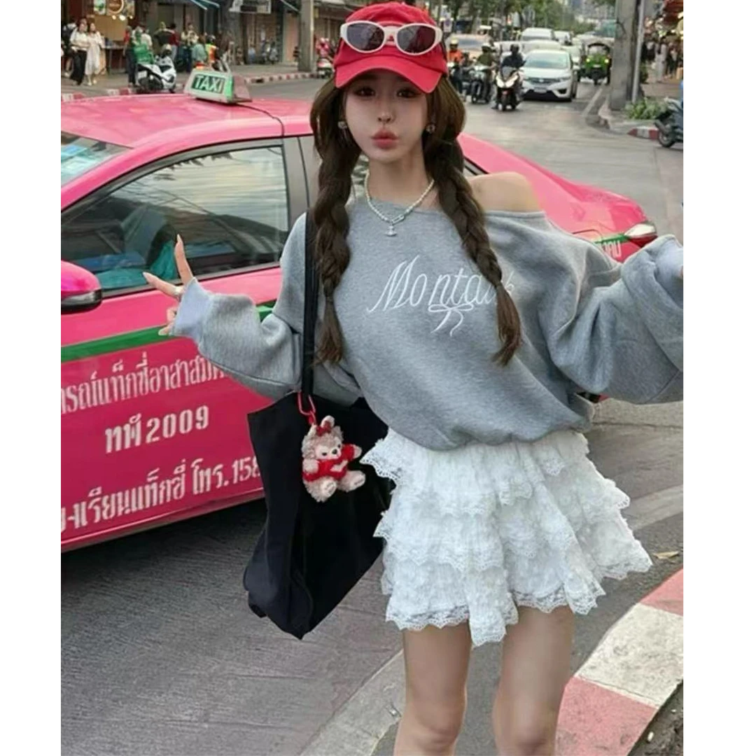 悠悠 韩系宽松慵懒风斜领露肩长袖卫衣超洋气