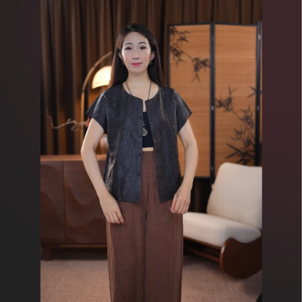 【疏影】双面双穿百分百桑蚕丝龟裂纹时尚气质复古显瘦新中式上衣