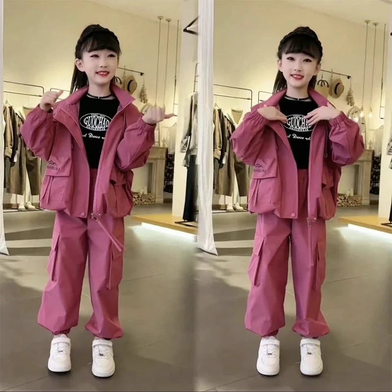 女童秋冬款套装韩系百搭2024新款中大童时尚拉链外套工装裤两件套