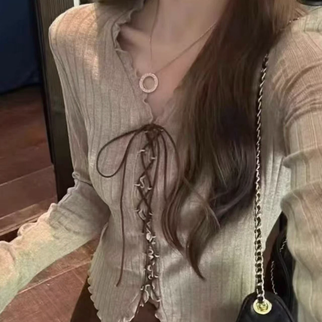 婷婷家美拉德V领系带木耳边长袖针织衫上衣