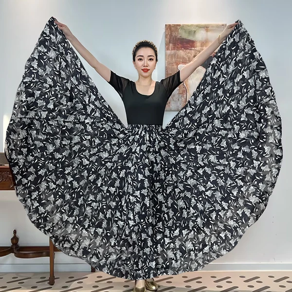 F《杏屿风止》平纹雪纺满铺花时尚百搭全松紧腰大摆半身裙带衬裙