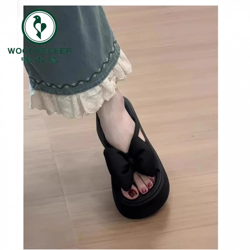 啄木鸟法式厚底增高凉鞋女2025夏季新款温柔仙女风蝴蝶结一字拖鞋