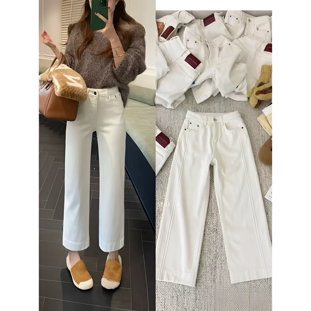 米白色加绒加厚小直筒牛仔裤女2025秋冬韩版小个子显瘦九分裤1265
