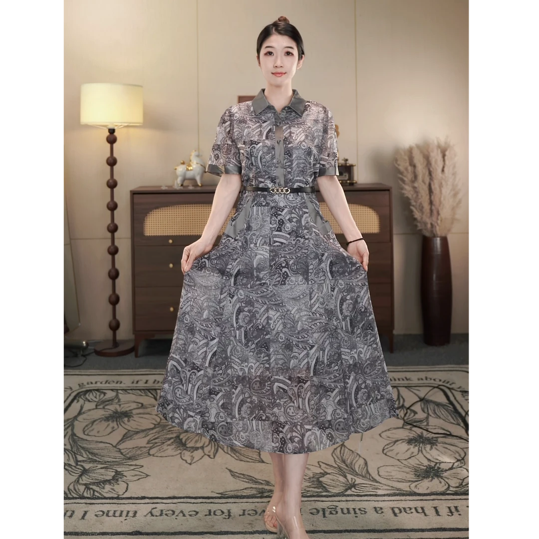 夏季新款显瘦收腰长款大摆超薄灰色印花百搭连衣裙ZCS2190气质