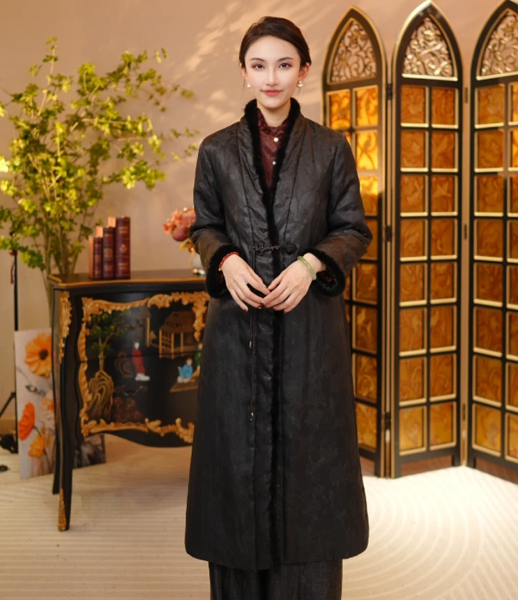 FSSIA琼华丨冬季新款时尚红云纱拼接水貂100桑蚕丝棉大衣-8888