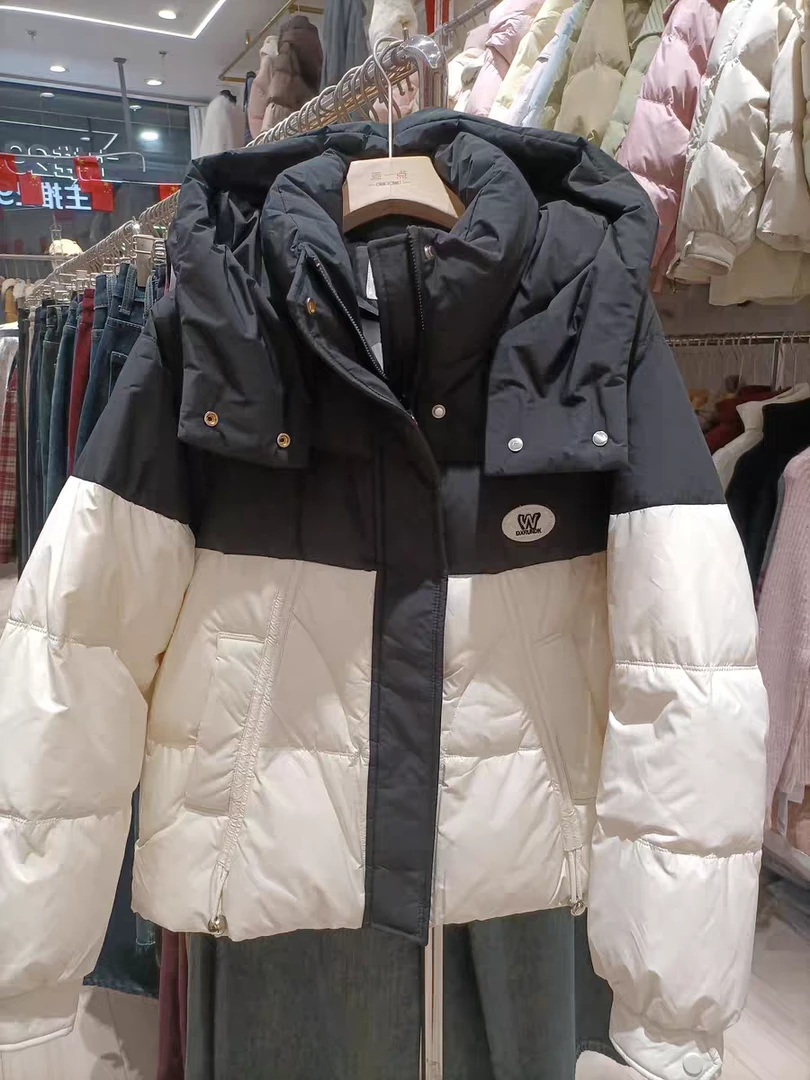 乖一点短款羽绒服连帽休闲冬季拼接