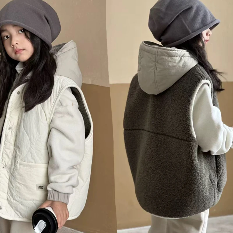 女童加厚马甲2025冬装新款儿童秋冬款加厚奥粒绒女大童两面穿上衣