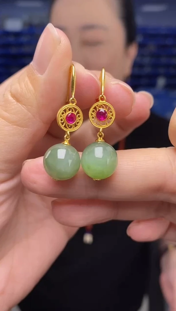 银S925镶嵌和田玉耳饰K2393